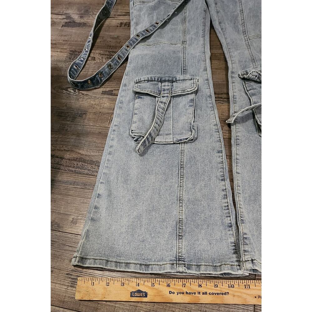 Romwe Women’s Rave Jeans Size L 8/10 Strappy Light Blue Denim 2073 - Picture 2 of 8